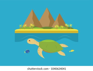 Marine turtle swimming with mountains