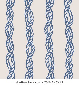 Marine twisted cord hand drawn seamless pattern. Nautical sketch. Striped drawing. Sea line art illustration of intertwined rope. Graphic background with cable.