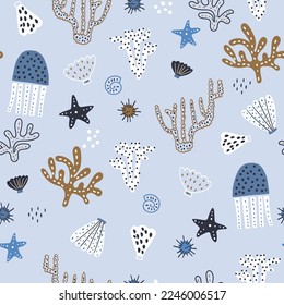 Marine undersea pattern with jellyfish, seashells, seaweeds, starfish. Vector nautical blue texture 