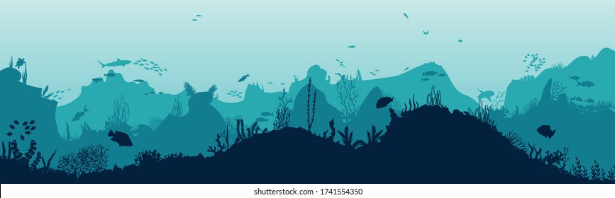 Marine underwater background. The bottom of the ocean with algae. Vector nautical scene. . Deep blue water, coral reef and underwater plants. beautiful underwater scene with fish; vector 