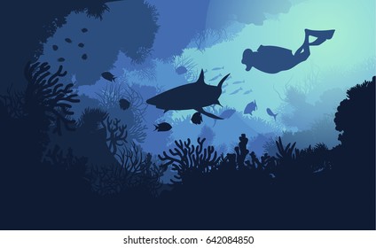 Marine underwater flora and fauna background with swimming diver shark fishes and seaweeds vector illustration