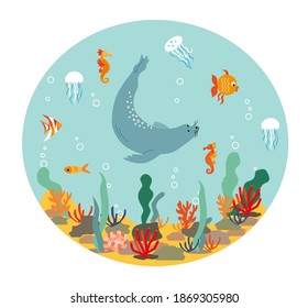 Marine underwater lifestyle. Aquarium with swimming gold exotic fish and Fur seal, sea bear. Underwater aquarium habitat with sea plants. Flat vector drawn illustration, isolated objects.