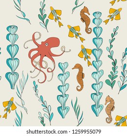 The marine underwater pattern is seamless. Graphic drawings of fish, octopus, algae. Seamless retro illustration for fabric, gift wrapping and printing.