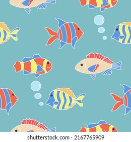 Marine underwater seamless pattern with fish and algae vector. Ocean bottom background. Model color marine life. Template for baby stuff, textile, paper, wallpaper and design illustration