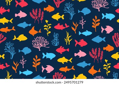 Marine underwater wallpaper, seamless pattern with silhouette fish. Cartoon sea fish and seaweed coral boundless background. Childish simple endless design for print fabric textile wrapper template