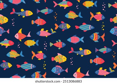 Marine underwater wallpaper, seamless pattern with fish. Cartoon abstract sea fish boundless background. Aquarium fishes simple endless design for paper print fabric textile wrapper vector template