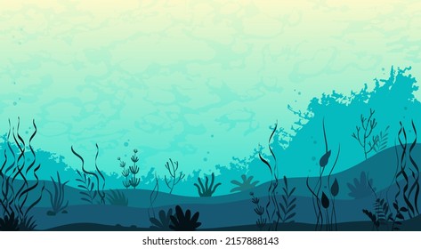 Marine underwater world. Silhouette of the seabed and coral reef. Plants, herbs, algae on the ocean floor. Research, observation, study of the ocean floor.