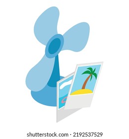 Marine vacation icon isometric vector. Blue table fan and colorful summer photo. Summer rest, sea holiday, tourism