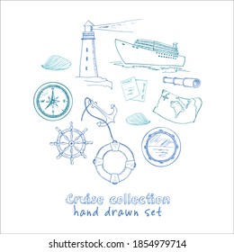 Marine and vacation isolated doodles elements background. Vector illustration.
