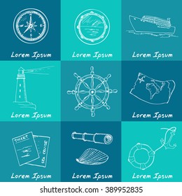 Marine and vacation isolated doodles elements background. Vector illustration.