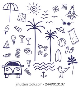 Marine vacation sketch doodle Hand drawn vector illustration card with palms, sun, swimwear, surfboard, ice cream, fruit, cocktail, travel bus, waves, sea equipment. Design for adventure, sea voyage