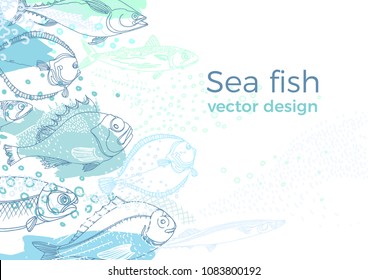 Marine vector background of nature sea fish. Doodle art line design Color sketch illustration Perch, cod, mackerel, flounder, saira Fresh food Modern template for print, textile, banner, menu, packing