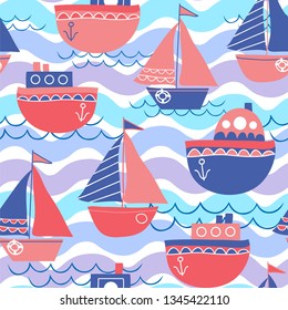 Marine vector background. Seamless pattern with sailboats and waves.