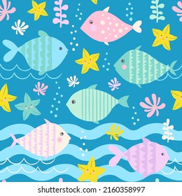 Marine vector background. Seamless pattern fishes and water plants underwater. Great for wallpaper, fabric, nursery.