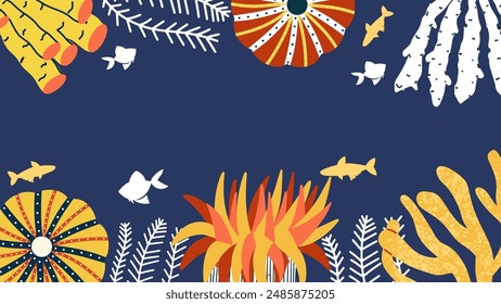 Marine vector background with underwater reefs, coral and fish. 