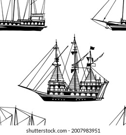 Marine vector background. Vintage marine seamless pattern with pirate schooner. Vintage pleasure ship, old boat in the sea. Hand drawn sketch. Line art. 