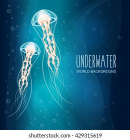 Marine vector blue underwater background with jellyfishes