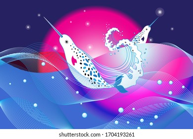 Marine vector bright background with narwhal whales on a blue background with the sun. The nautical theme with the whales for design.