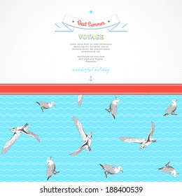 Marine vector card. Gulls, pencil hand drawing. Decorative elements, tape, anchor, sun. Place for your text.