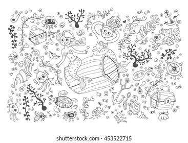 Marine vector card isolated on white background. Coloring book page design for adults and kids. Sea animals. Black and white.