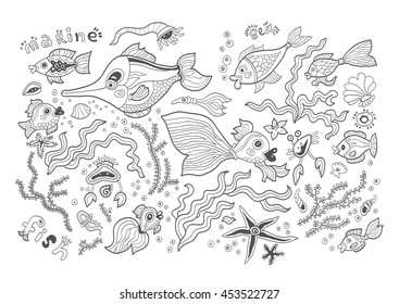 Marine vector card isolated on white background. Coloring book page design for adults and kids. Sea animals. Black and white.