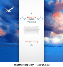 Marine vector card. Overcast sky painted oil pastel. The sun shines through the clouds, flying seagull and sea. Decorative elements, tape, anchor, sun. Place for your text.
