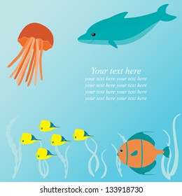 Marine vector card with sea creatures and place for text