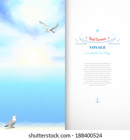 Marine vector card. Sky painted oil pastel. Gulls, pencil hand drawing. Decorative elements, tape, anchor, sun. Place for your text.