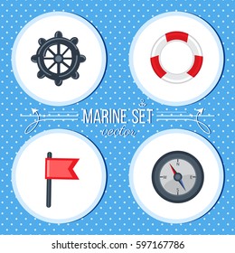 Marine vector cartoon set lifeline, steering whell, flag, compass colorful illustration isolated on blue background, summer decorative texture design for label, sea backdrop, wrapping paper, cards