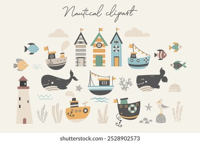 Clipart de vetor marinho em estilo escandinavo. Pequenos navios bonitos, farol, baleias, peixe, algas marinhas e gaivota em fundo claro. Design de bebê em estilo náutico. Ilustração vetorial com veleiro. 