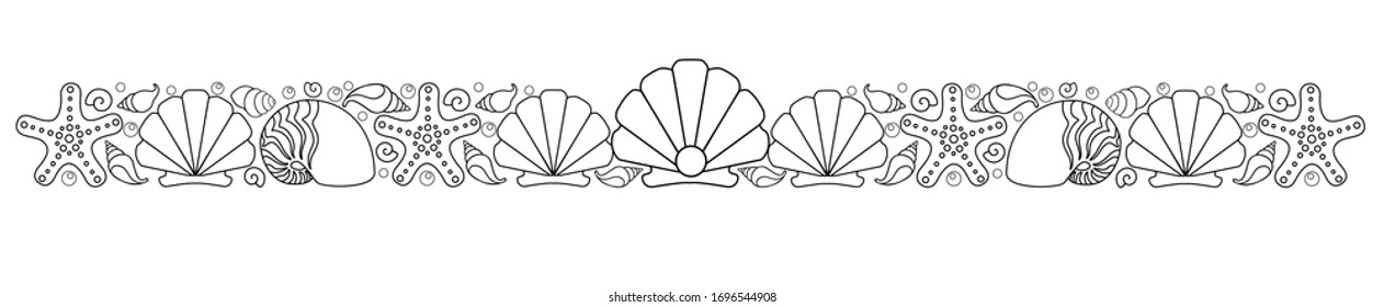 Marine vector divider for coloring book. The border is a separator made of shells, scallop shells with pearls and starfish - a template for decorating anti-stress coloring pages. Outline. Hand drawing