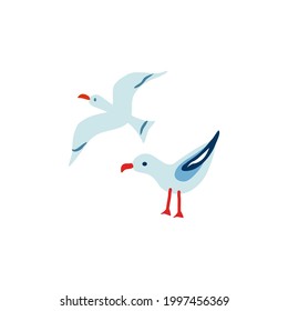 Marine vector doodle seagulls set isolated on white background, decorative flat sign, cartoon sea birds symbols, decorative flat icons for travel design, greeting card, summer invitation