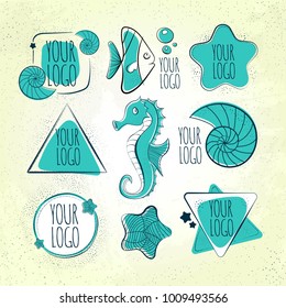 Marine vector doodles set , light house, sea horse, shells, vintage , vector icons