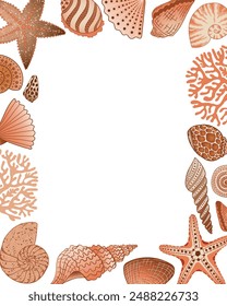Marine vector element frame with empty space for text. Template for a party invitation in a nautical style. Vertical border of brown shells, starfish, corals