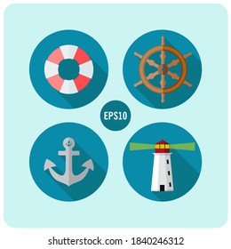 Marine vector flat icon set on the blue background.