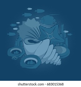 Marine vector graphic composition in blue shades. Against a background with halftone.