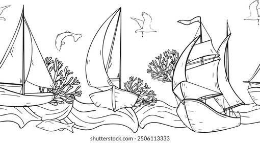 Marine vector graphic seamless board of sailing ships coral and seaweeds. Boat yacht on repeating border of curly waves by black and white outline. Ships birds fish endless monochrome background