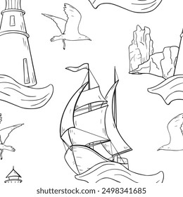 Marine vector graphic seamless pattern of sailing ship on wave . Nautical repeating texture of lighthouse and rocks black and white line art. Boat seagull beacon endless monochrome background.