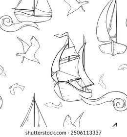 Marine vector graphic seamless pattern of various water transport. Nautical repeating texture of curly waves and boats black and white line art. Sailing ships birds fish endless monochrome background