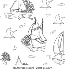 Marine vector graphic seamless pattern of sailing ships coral and seaweeds. Boat yacht on repeating texture of curly waves black and white outline. Ships birds fish endless monochrome background