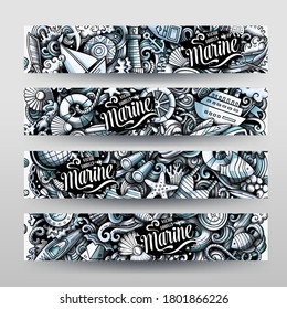 Marine vector hand drawn doodle banners design. Monochrome cartoon background. Summer activities 4 flyers templates set.