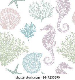 Marine vector hand drawn pattern with sea shells, stars, seahorse and coral. Highly detailed. Perfect for textiles, wallpaper and prints.