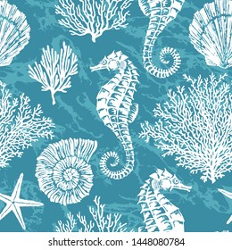 Marine vector hand drawn pattern with sea shells, stars, seahorse and coral. Highly detailed. Perfect for textiles, wallpaper and prints.