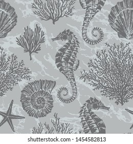 Marine vector hand drawn pattern with sea shells, stars, seahorse and coral. Highly detailed. Perfect for textiles, wallpaper and prints.