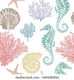 Marine vector hand drawn pattern with sea shells, stars, seahorse and coral. Highly detailed. Perfect for textiles, wallpaper and prints.