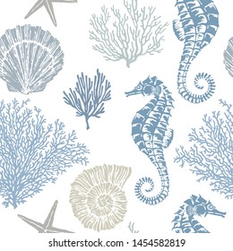 Marine vector hand drawn pattern with sea shells, stars, seahorse and coral. Highly detailed. Perfect for textiles, wallpaper and prints.