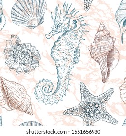 Marine vector hand drawn pattern with sea shells, stars, seahorse and coral. Highly detailed. Perfect for textiles, wallpaper and prints.