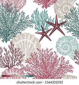 Marine vector hand drawn pattern with sea shells, stars, mollusk and coral. Perfect for textiles, wallpaper and prints.