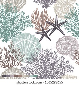 Marine vector hand drawn pattern with sea shells, stars, mollusk and coral. Perfect for textiles, wallpaper and prints.