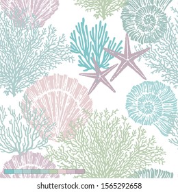 Marine vector hand drawn pattern with sea shells, stars, mollusk and coral. Perfect for textiles, wallpaper and prints.